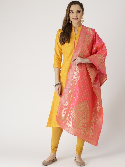 

IMARA Women Mustard Yellow & Pink Self-Striped Kurta with Churidar & Dupatta