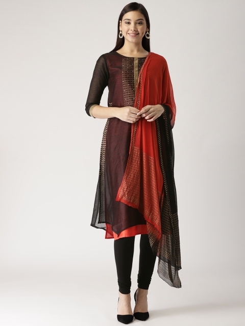 

IMARA Women Black & Orange Solid Layered Kurta with Churidar & Dupatta