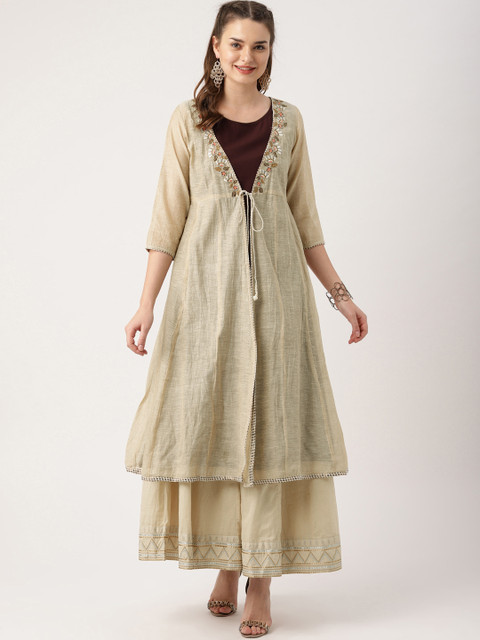 

IMARA Women Beige & Brown Embroidered A-Line Layered Kurta