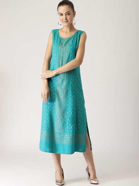 

IMARA Women Turquoise Green & Golden Printed A-Line Dress