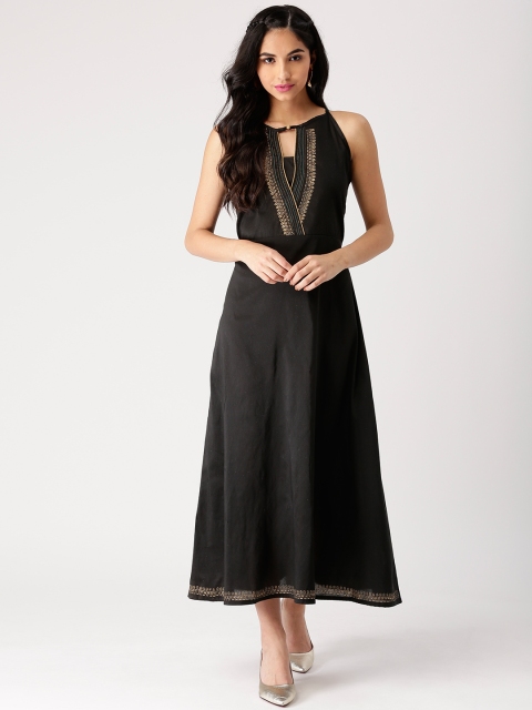 

IMARA Women Black Solid Midi A-Line Dress with Printed Detail
