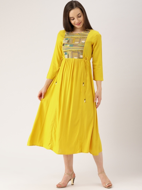 

IMARA Women Mustard Self Design Fit and Flare Dress
