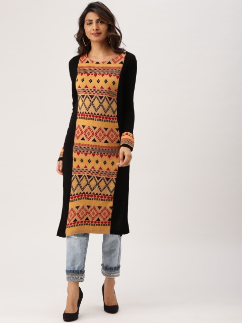 

IMARA Women Beige & Black Self Design Straight Kurta