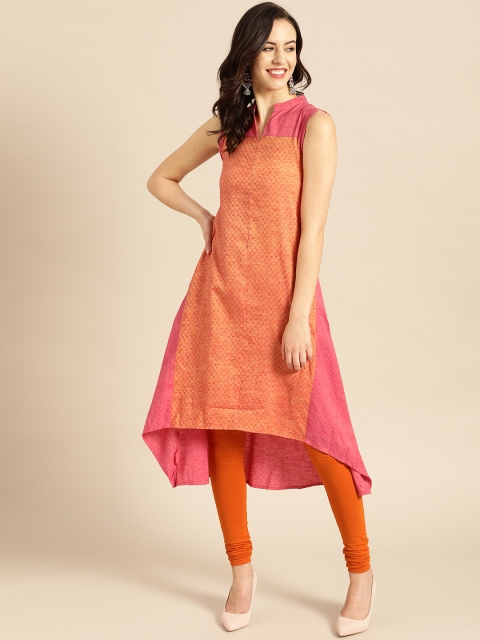 

IMARA Women Orange & Pink Checked A-Line Kurta