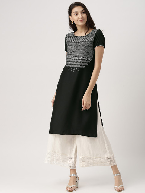 

IMARA Women Black Printed Straight Kurta