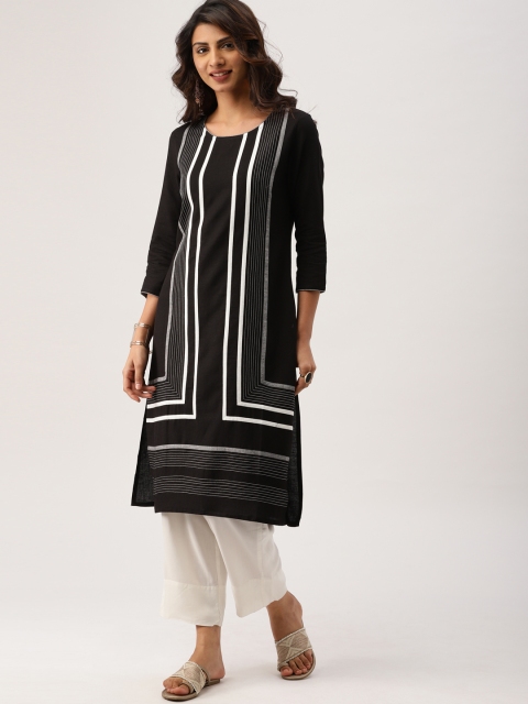 

IMARA Women Black & White Striped Straight Kurta