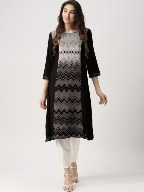 

IMARA Women Black & Grey Printed A-Line Kurta