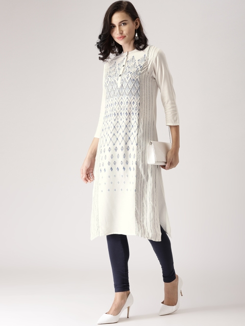 

IMARA Women Off-White & Navy Printed Straight Kurta