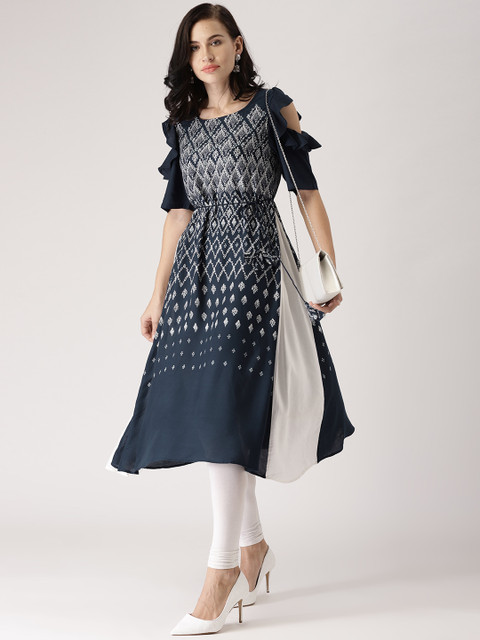 

IMARA Women Navy & White Printed Cold-Shoulder A-Line Kurta, Navy blue