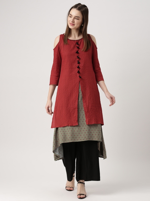 

IMARA Women Red & Grey Printed A-Line Layered Kurta