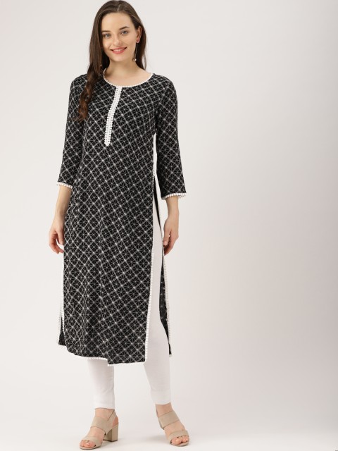 

IMARA Women Black & White Printed A-Line Kurta