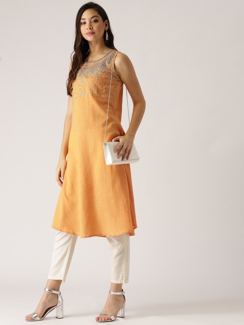 

IMARA Women Mustard Yellow Yoke Design A-Line Kurta