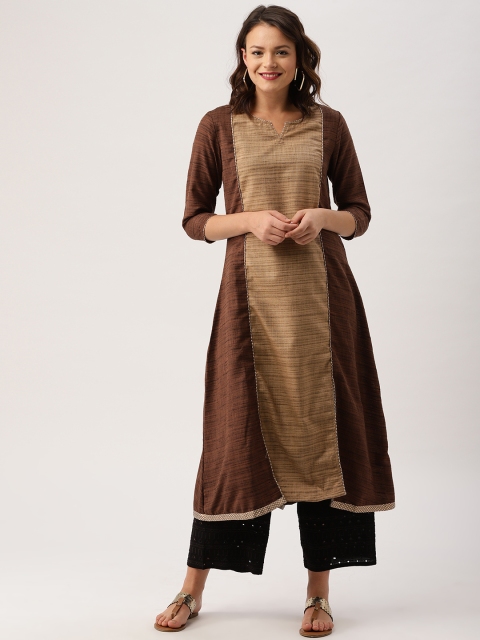 

IMARA Women Brown & Beige Colourblocked Straight Kurta