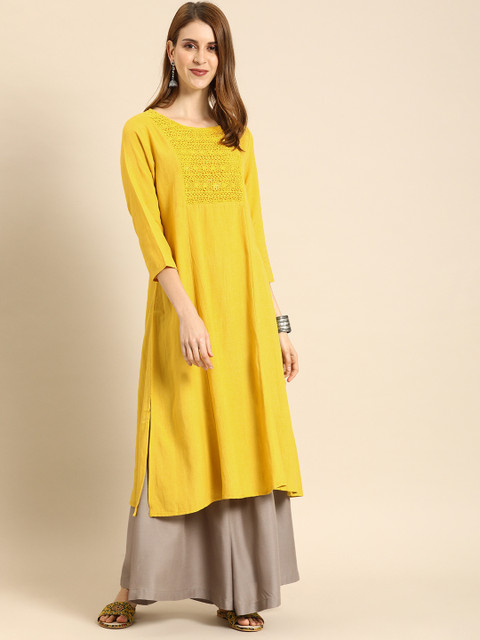 

IMARA Women Yellow Solid Straight Kurta With Lace Inserts