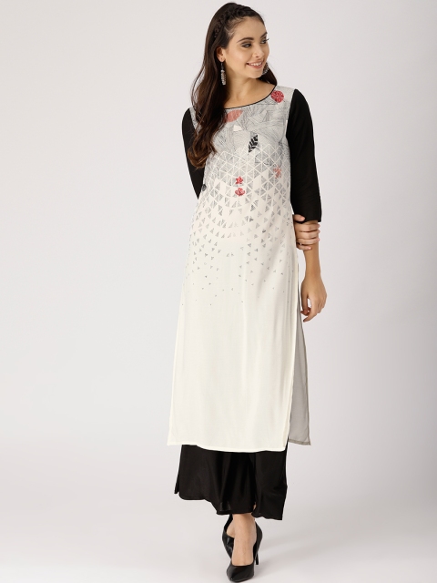 

IMARA Women White & Black Printed Straight Kurta