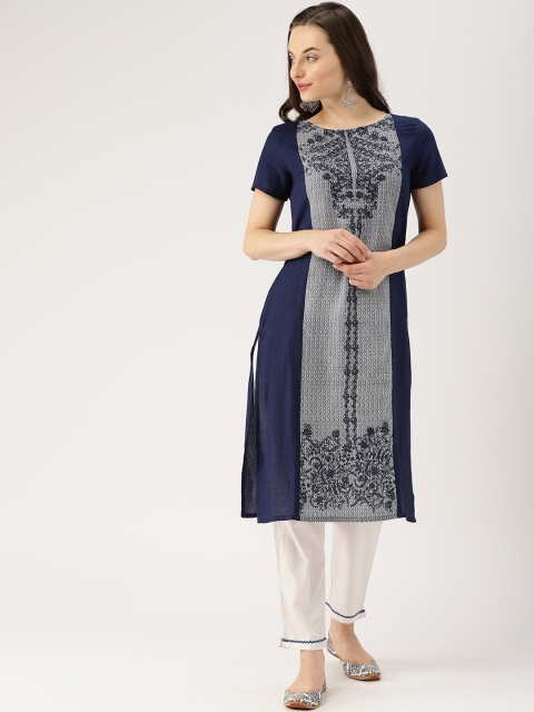 

IMARA Women Navy & White Printed Straight Kurta, Navy blue