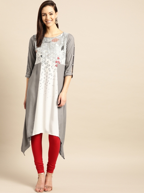 

IMARA Women Grey & Off-White Printed Asymmetric Hemline A-Line Kurta