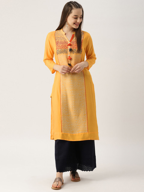 

IMARA Women Yellow Printed Straight Kurta