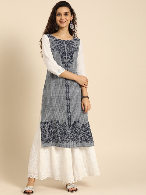 

IMARA Women Navy Blue & White Printed A-Line Kurta