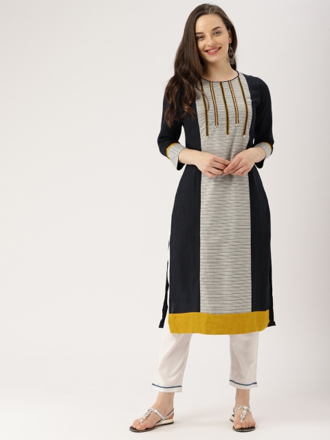 

IMARA Women Navy Blue & Off-White Striped Straight Kurta