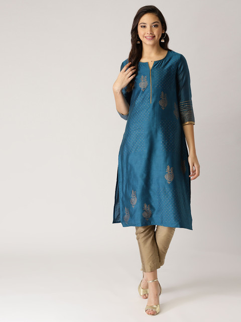 

IMARA Women Teal Blue & Golden Printed Straight Kurta