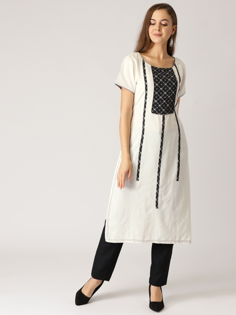 

IMARA Women White & Black Yoke Design Straight Kurta