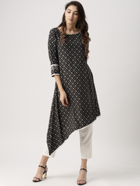 

IMARA Women Black & White Printed Asymmetric A-Line Kurta