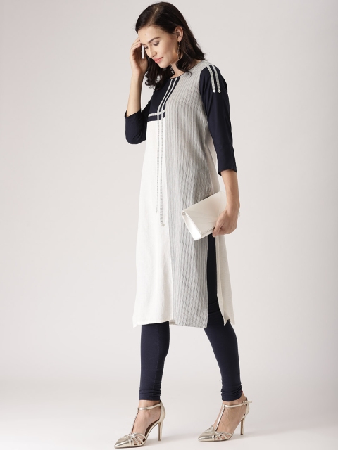 

IMARA Women Off-White & Navy Striped Straight Kurta
