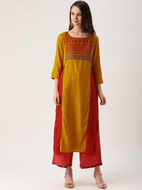 

IMARA Women Mustard Yellow & Red Colourblocked Straight Kurta