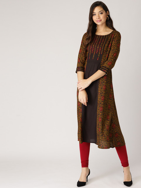 

IMARA Women Olive Green & Yellow Printed A-Line Kurta