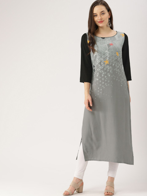 

IMARA Women Grey Printed Straight Kurta