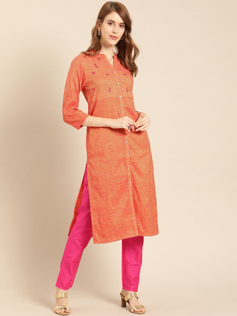 

IMARA Women Rust Orange Self Checked Straight Kurta
