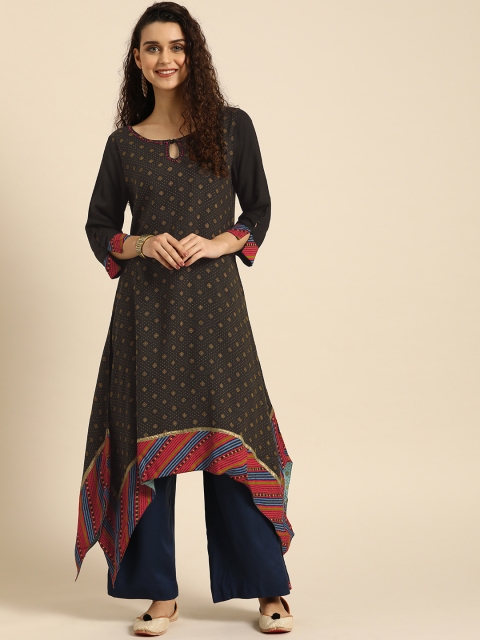 

IMARA Women Black & Mustard Yellow Printed Asymmetric A-Line Kurta