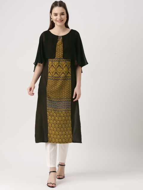 

IMARA Women Black & Yellow Printed Straight Layered Kurta