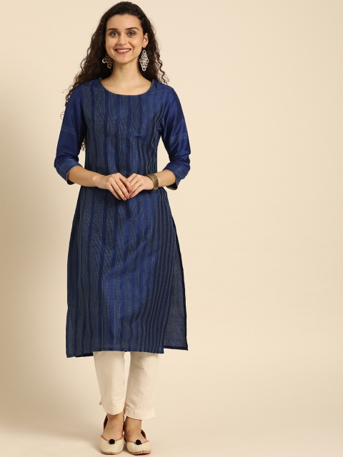

IMARA Women Navy Blue Striped Straight Kurta