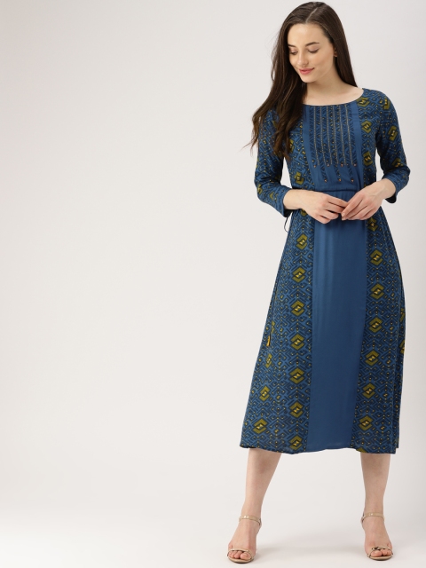

IMARA Women Blue Printed Fit and Flare Dress