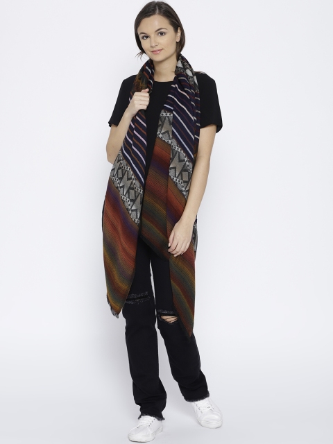 

Noi Navy Blue & Brown Self Striped Shawl