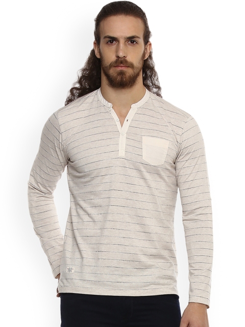 

Mufti Men Off-White & Blue Striped Henley Neck T-shirt