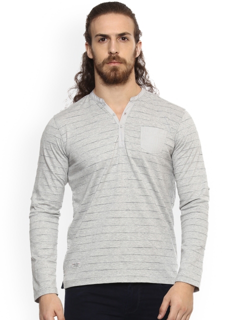 

Mufti Men Grey Striped Henley Neck T-shirt