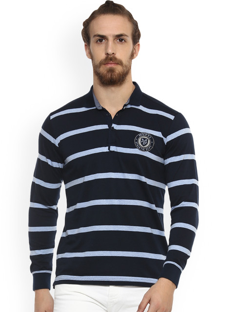 

Mufti Men Navy Blue Striped Polo Collar T-shirt