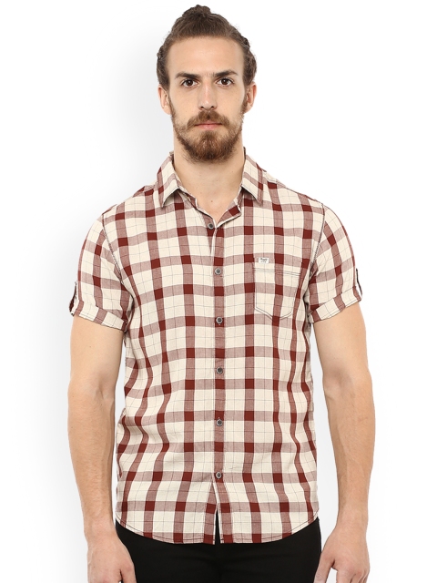 

Mufti Men Maroon & Cream-Coloured Linen Slim Fit Checked Casual Shirt