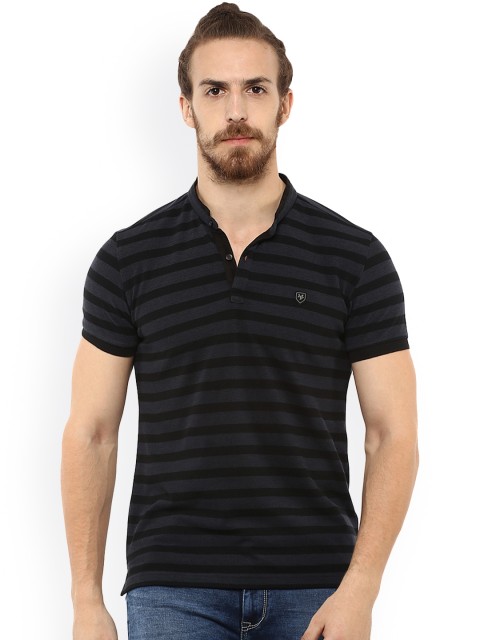 

Mufti Men Grey & Black Striped Henley Neck T-shirt