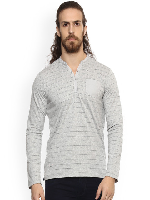 

Mufti Men Grey Striped Henley Neck T-shirt