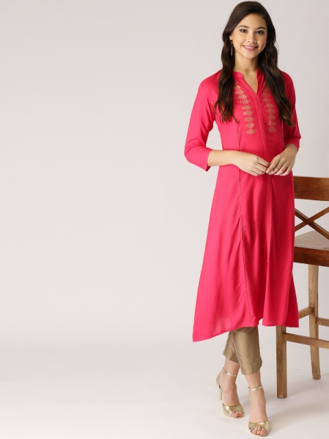 

IMARA Women Coral Pink & Golden Printed A-Line Kurta