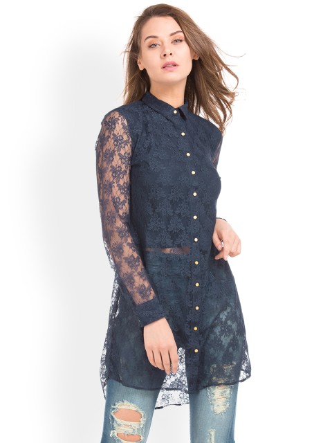 

ELLE Women Navy Blue Self Design High-Low Top