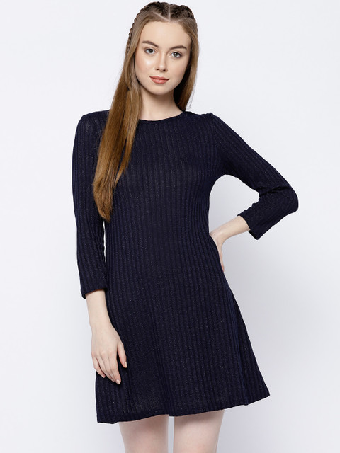 

ELLE Women Navy Blue Self Striped A-Line Dress