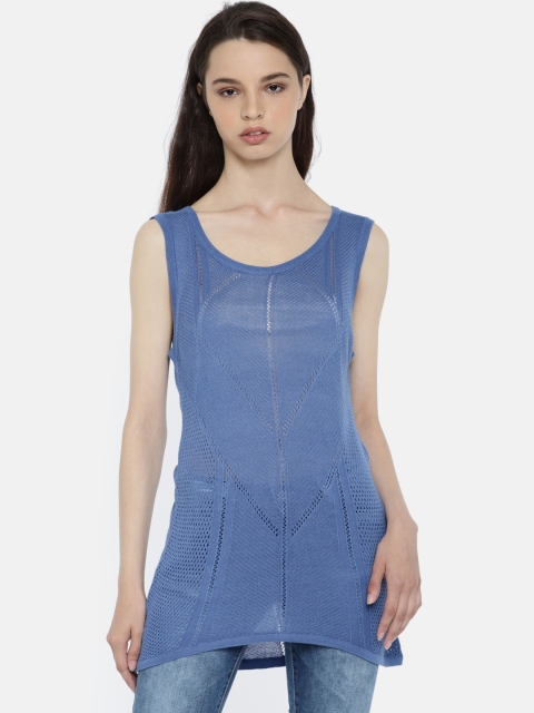 

Elle Women Blue Self Design Round Neck T-shirt