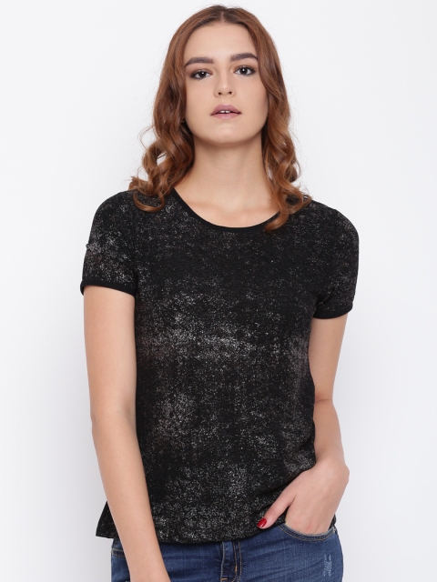 

ELLE Women Black Printed Round Neck Semi-Sheer Top