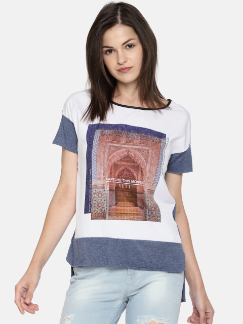 

ELLE Women White & Blue Printed Round Neck High-Low T-shirt