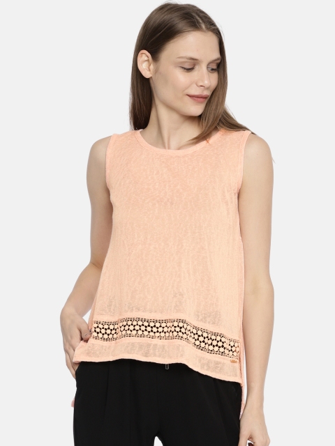 

ELLE Women Peach-Coloured Solid Semi Sheer High-Low Top